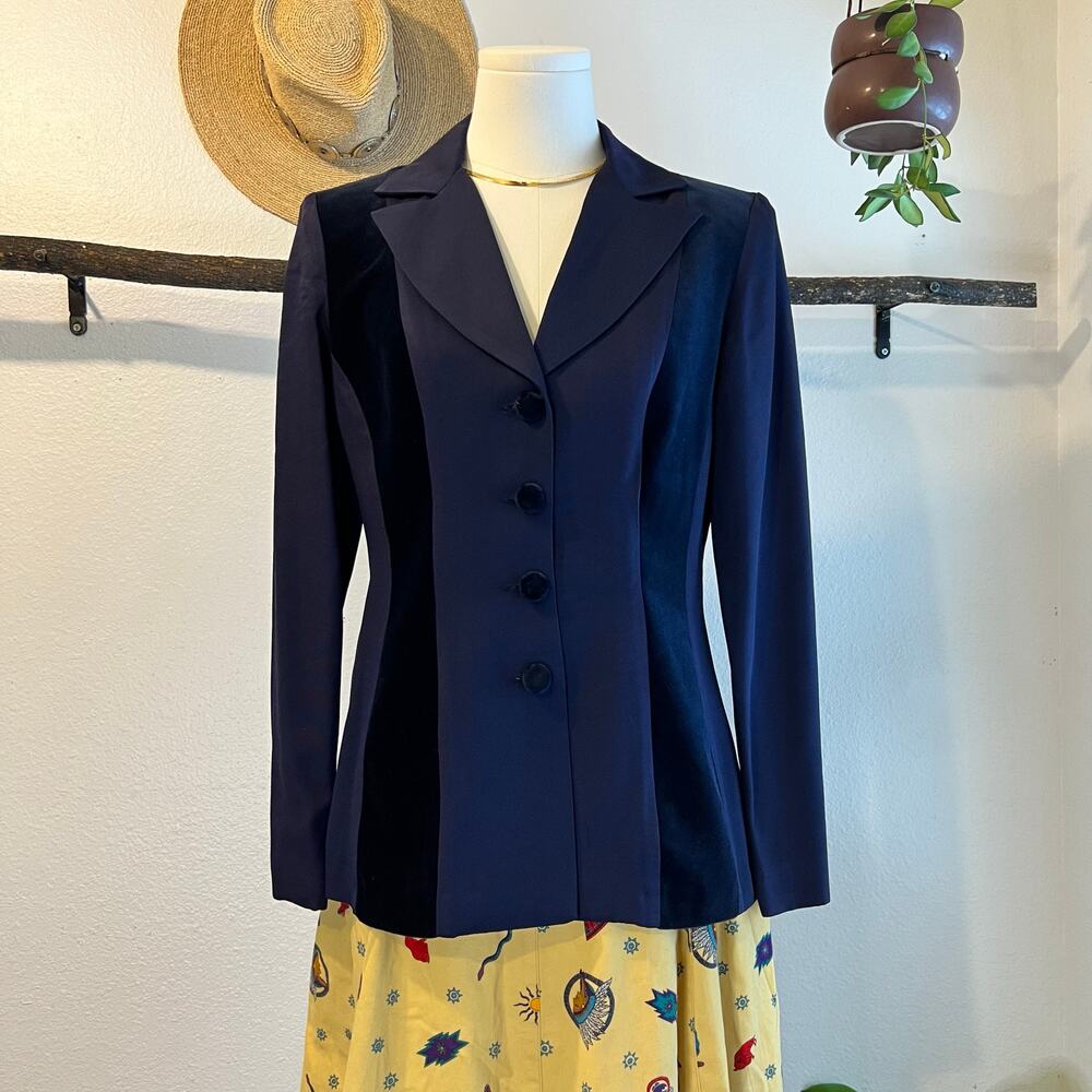 Hugo Buscati Cotton Blue Velvet Panel Button Front Blazer USA Made Size 6